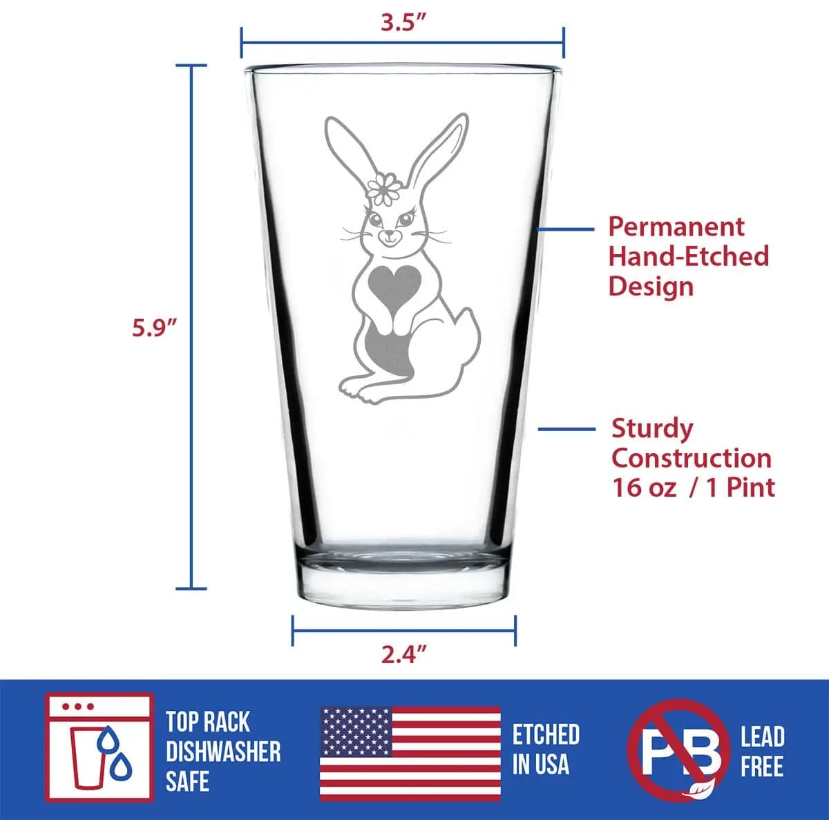 Etched Pint Glass | 16 oz Beer Glass | Dishwasher Safe | Bunny Rabbit