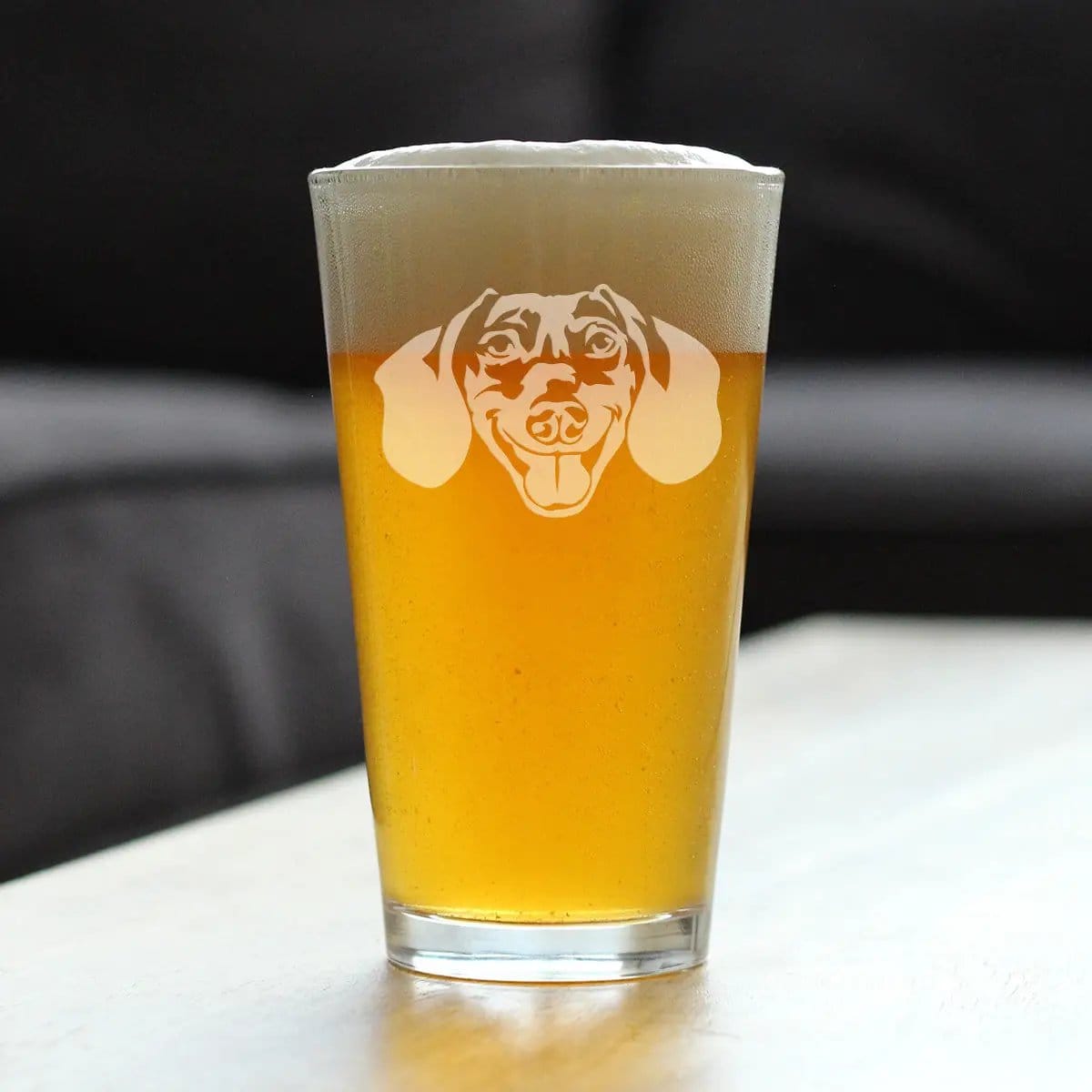 Etched Pint Glass | 16 oz Beer Glass | Dishwasher Safe | Dachshund Face