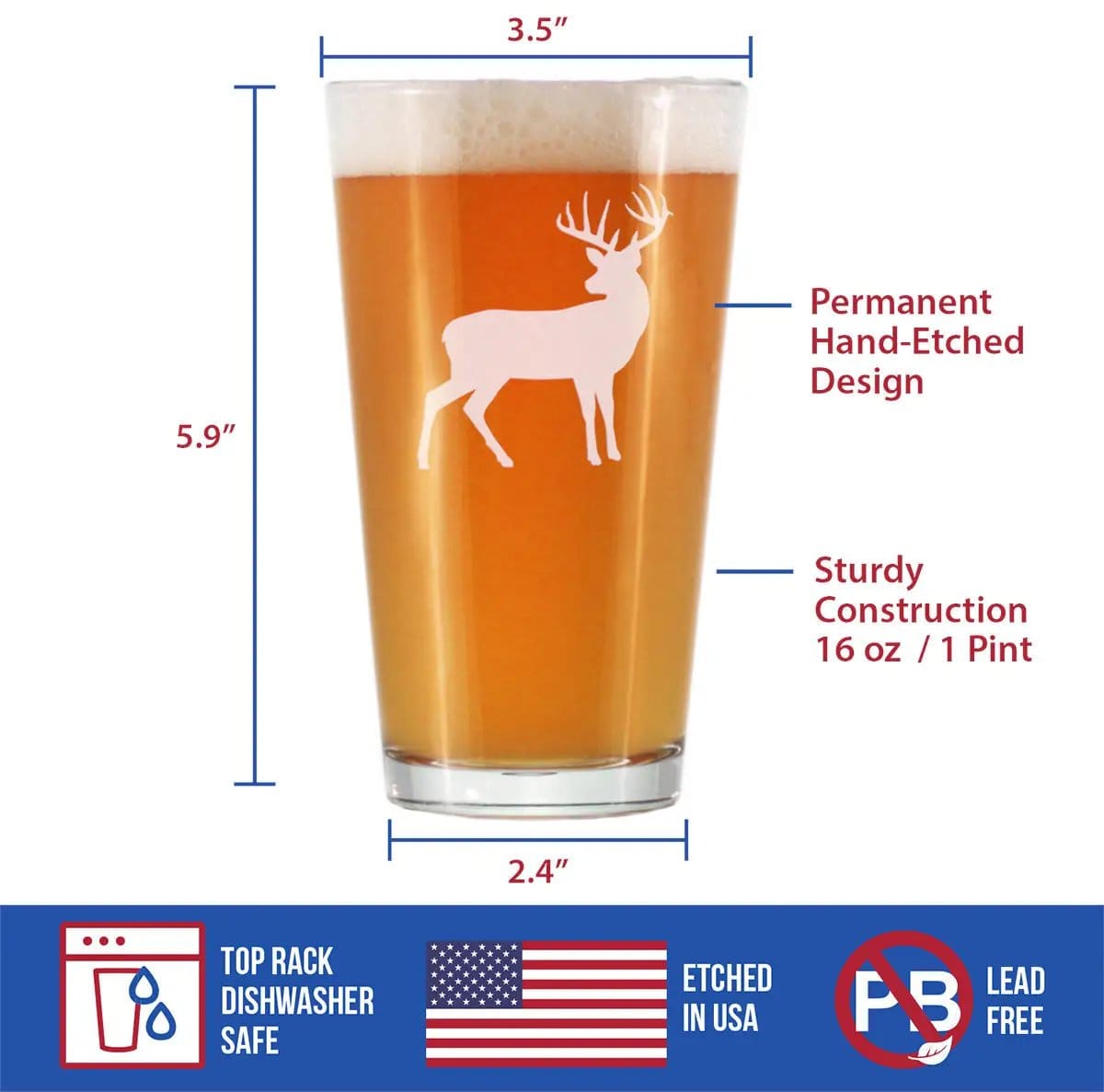 Etched Pint Glass | 16 oz Beer Glass | Dishwasher Safe | Deer