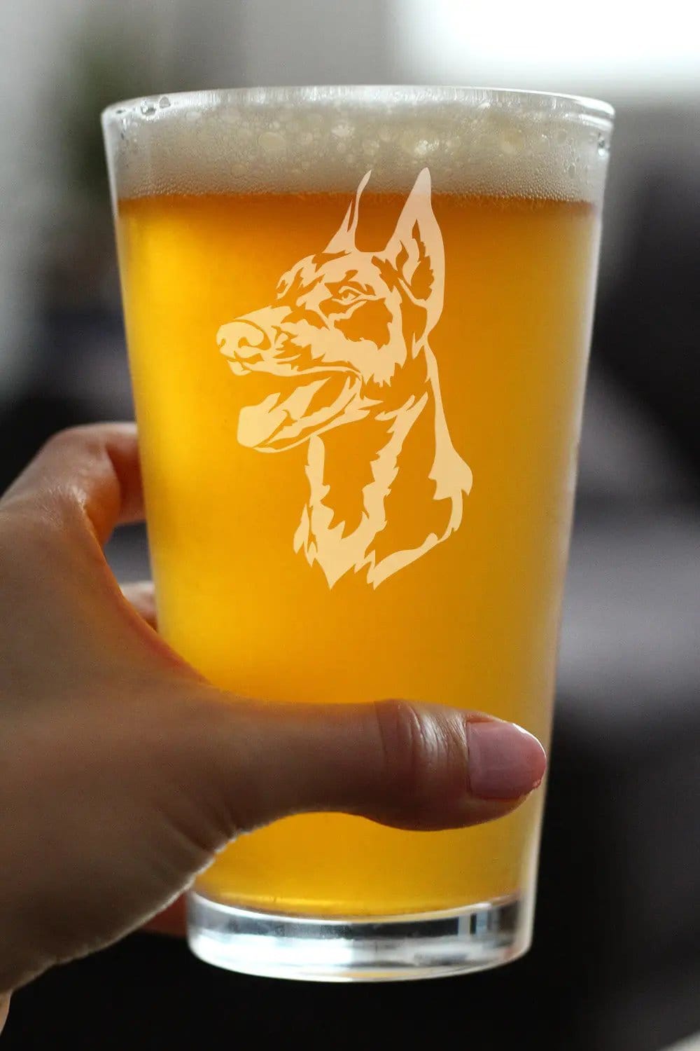 Etched Pint Glass | 16 oz Beer Glass | Dishwasher Safe | Doberman Face