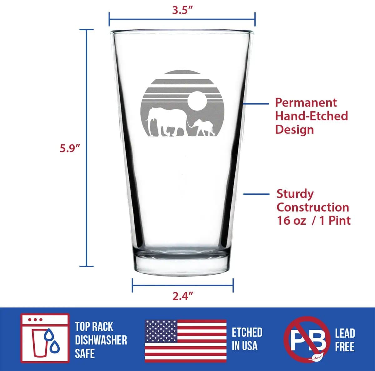 Etched Pint Glass | 16 oz Beer Glass | Dishwasher Safe | Elephant Sunset