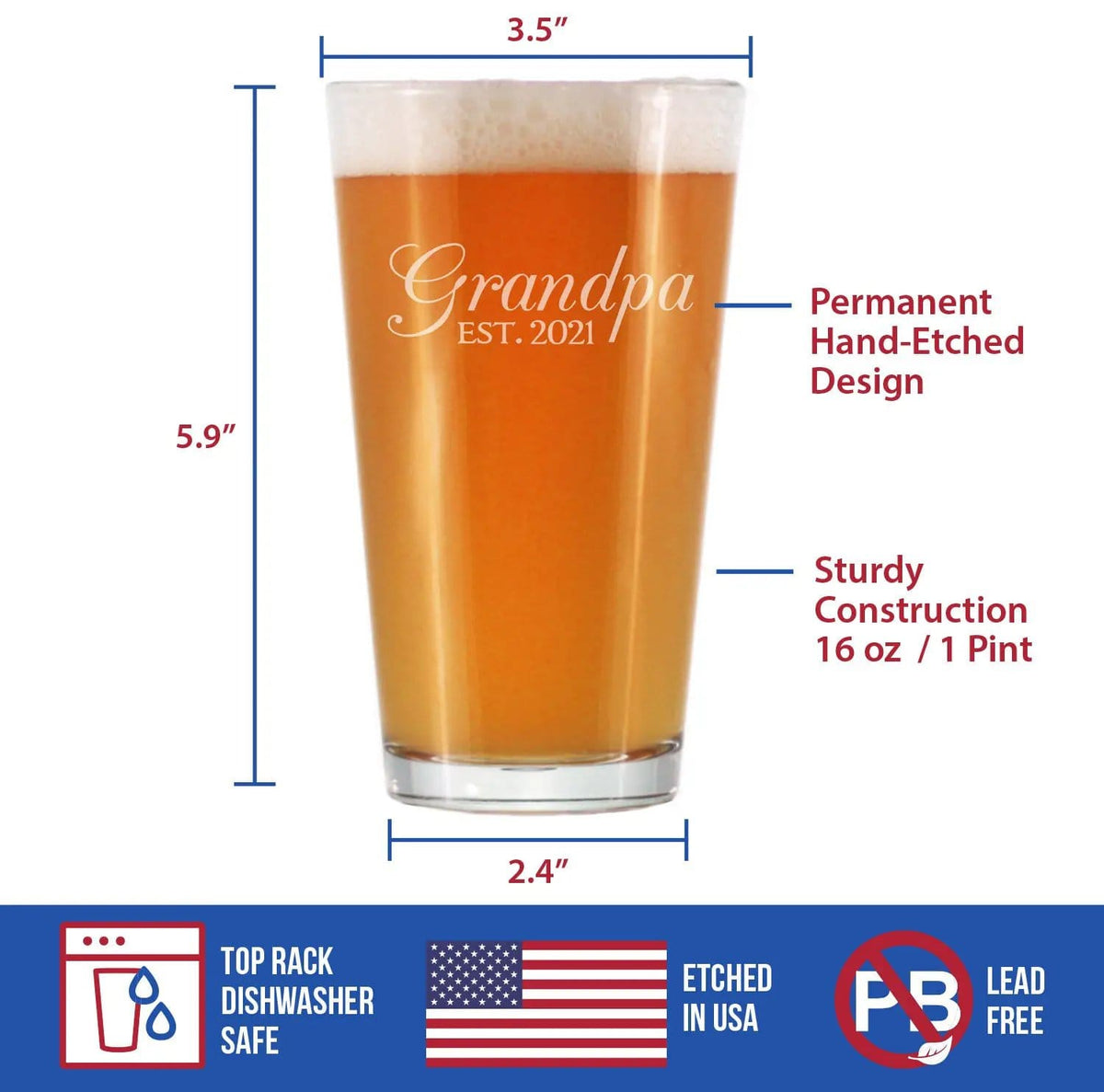 Etched Pint Glass | 16 oz Beer Glass | Dishwasher Safe | Grandpa Est 2021 - New Grandfather