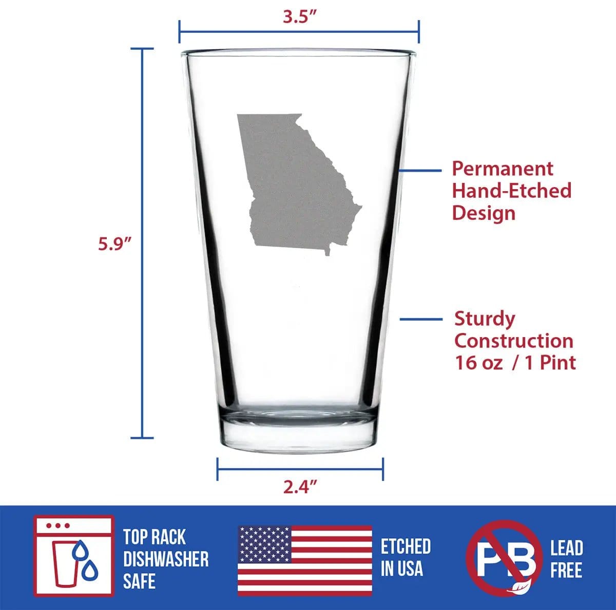 Etched Pint Glass | 16 oz Beer Glass | Dishwasher Safe | Georgia State Outline