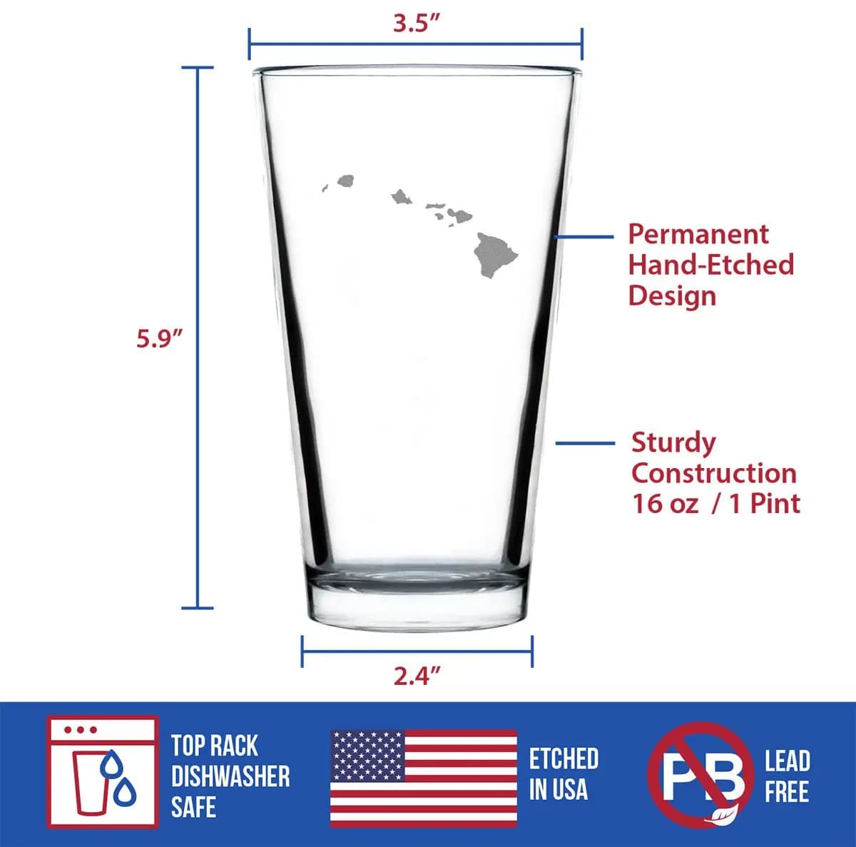 Etched Pint Glass | 16 oz Beer Glass | Dishwasher Safe | Hawaii State Outline