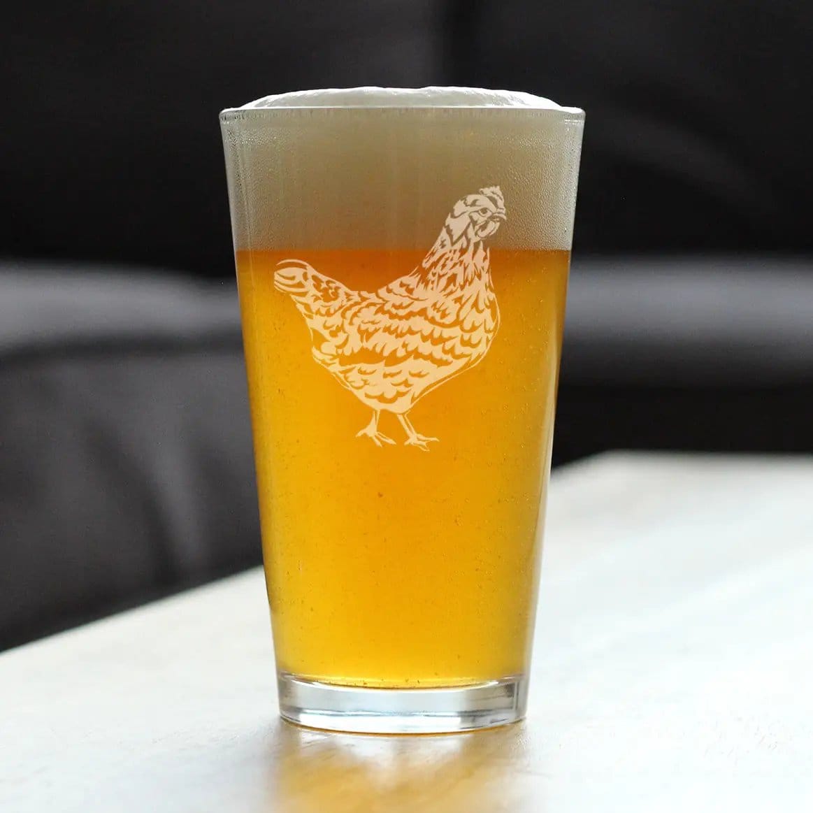 Etched Pint Glass | 16 oz Beer Glass | Dishwasher Safe | Hen