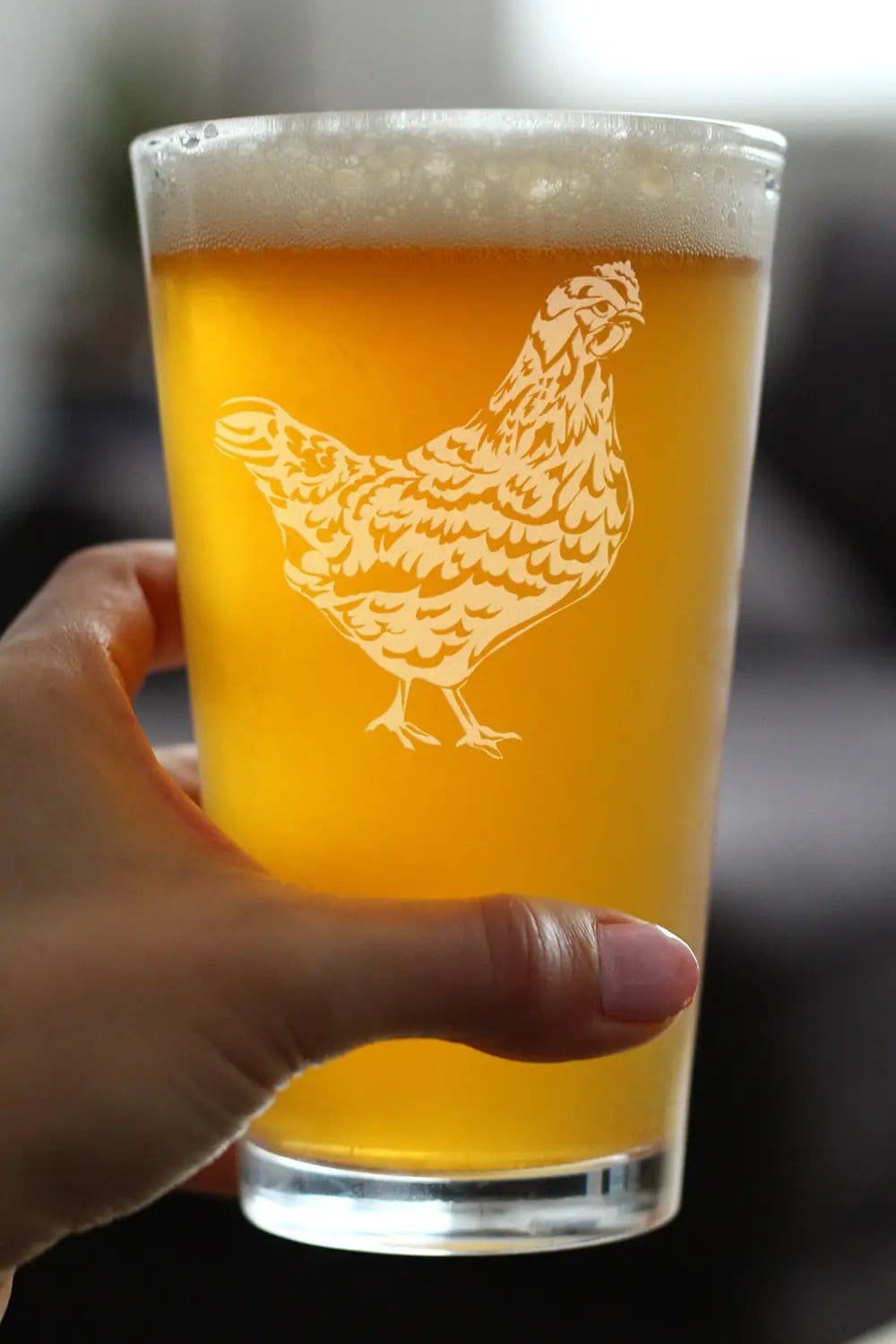 Etched Pint Glass | 16 oz Beer Glass | Dishwasher Safe | Hen