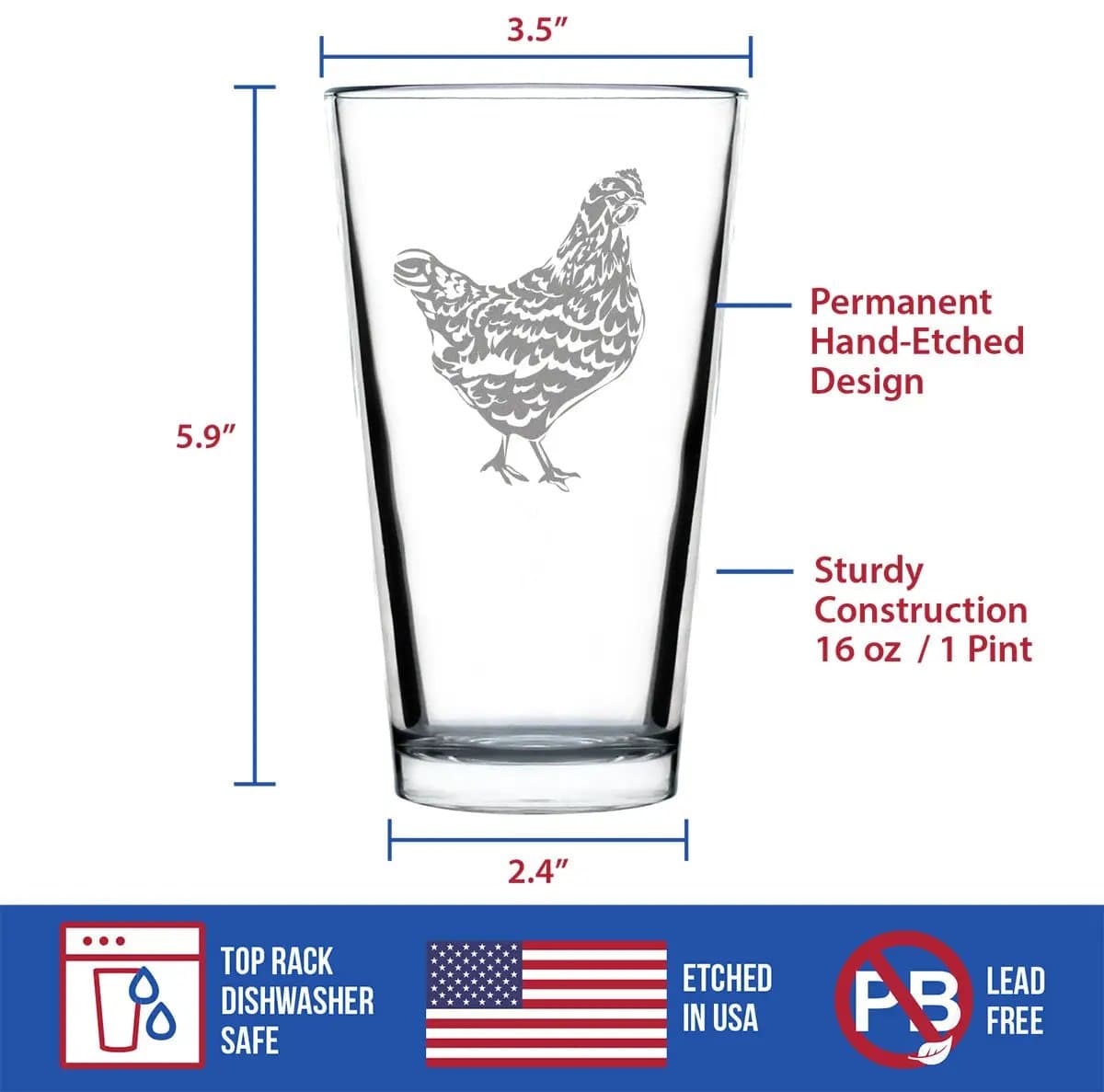 Etched Pint Glass | 16 oz Beer Glass | Dishwasher Safe | Hen