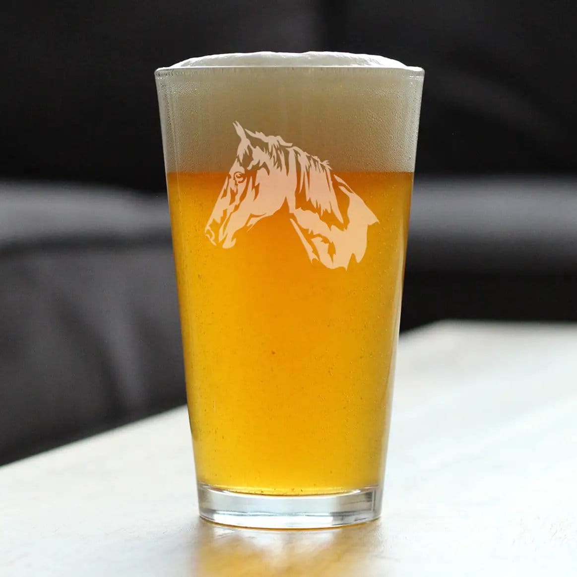 Etched Pint Glass | 16 oz Beer Glass | Dishwasher Safe | Horse Face