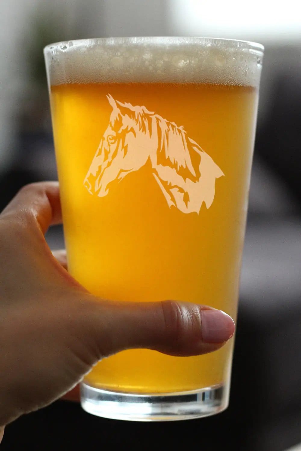 Etched Pint Glass | 16 oz Beer Glass | Dishwasher Safe | Horse Face