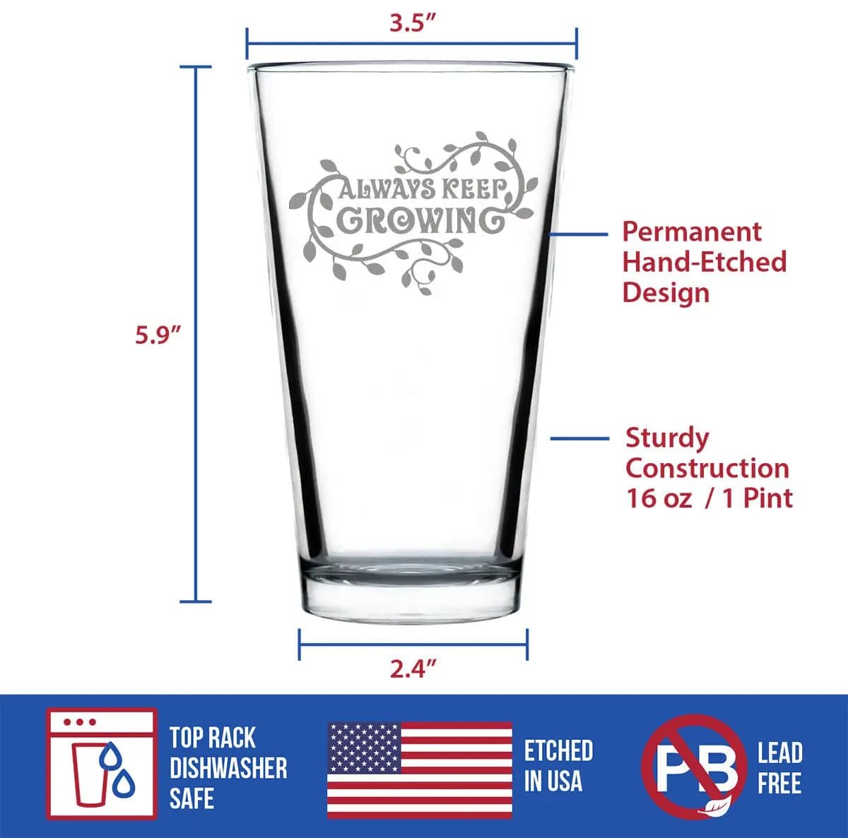Etched Pint Glass | 16 oz Beer Glass | Dishwasher Safe | Keep Growing