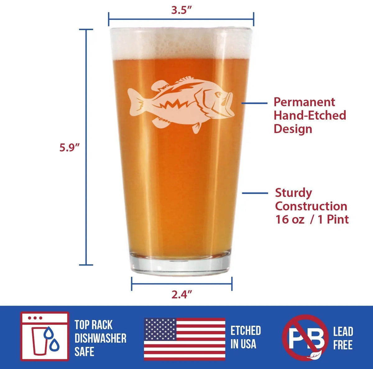 Etched Pint Glass | 16 oz Beer Glass | Dishwasher Safe | Largemouth Bass
