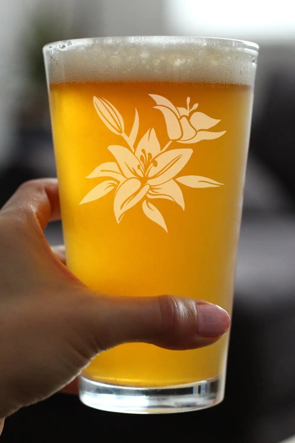 Etched Pint Glass | 16 oz Beer Glass | Dishwasher Safe | Lily