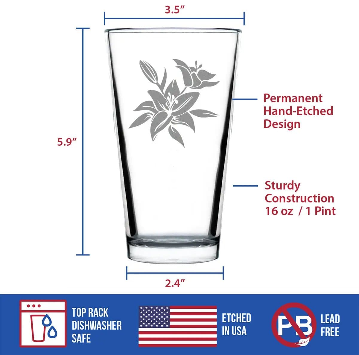 Etched Pint Glass | 16 oz Beer Glass | Dishwasher Safe | Lily