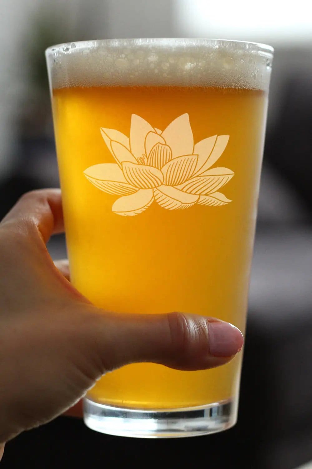 Etched Pint Glass | 16 oz Beer Glass | Dishwasher Safe | Lotus Flower