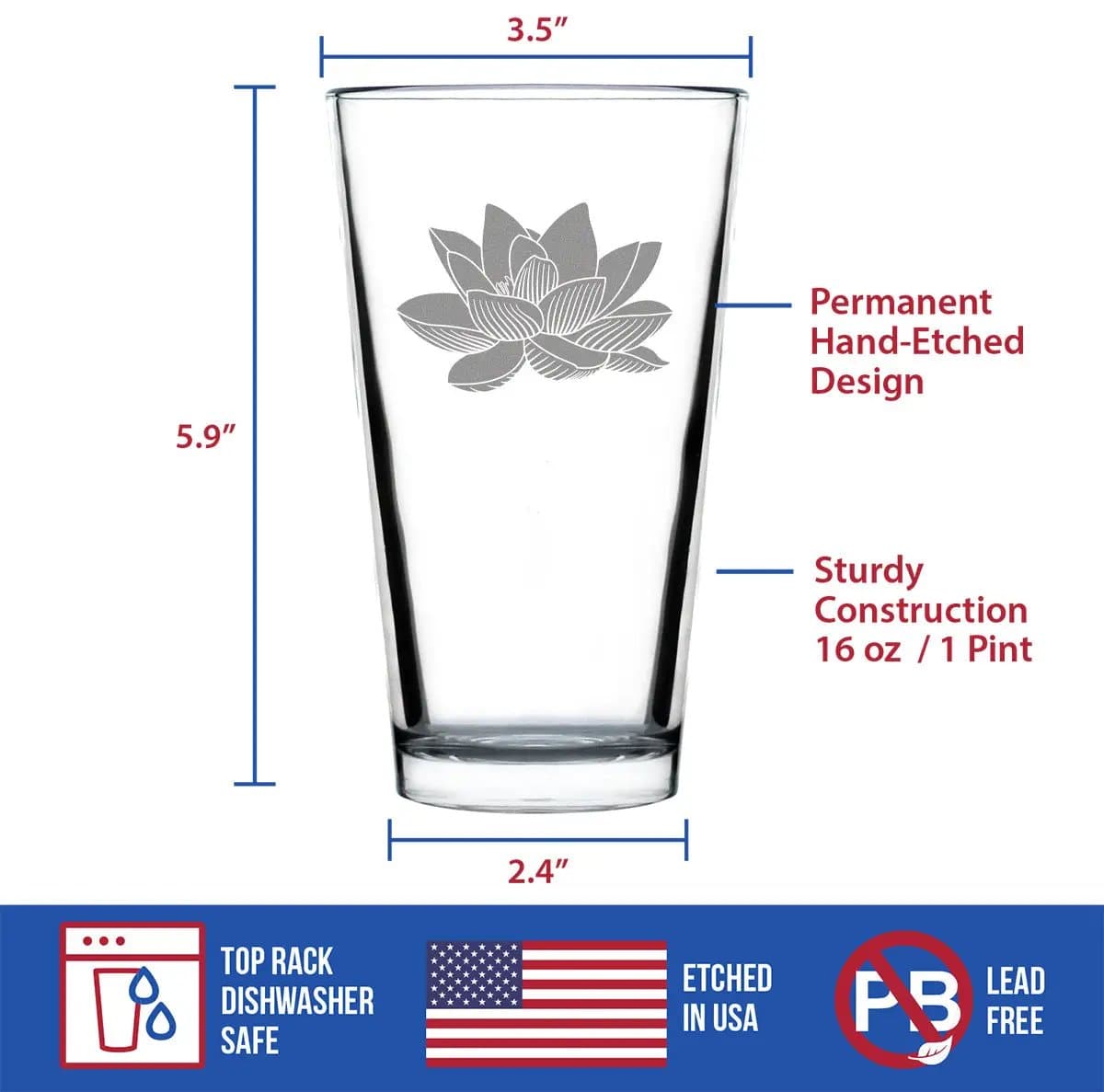 Etched Pint Glass | 16 oz Beer Glass | Dishwasher Safe | Lotus Flower