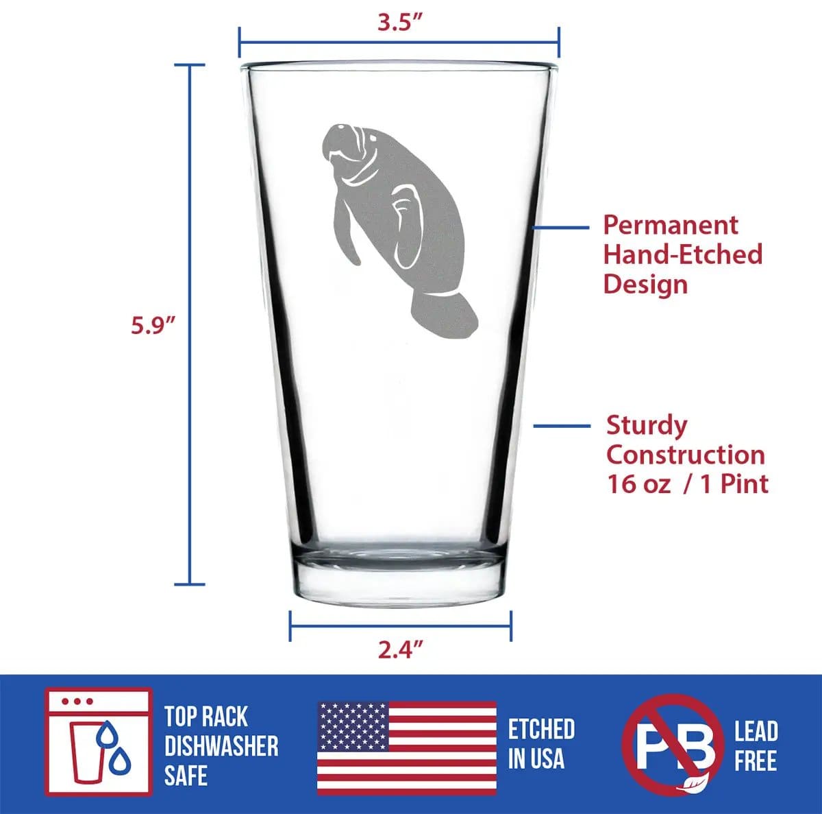 Etched Pint Glass | 16 oz Beer Glass | Dishwasher Safe | Manatee