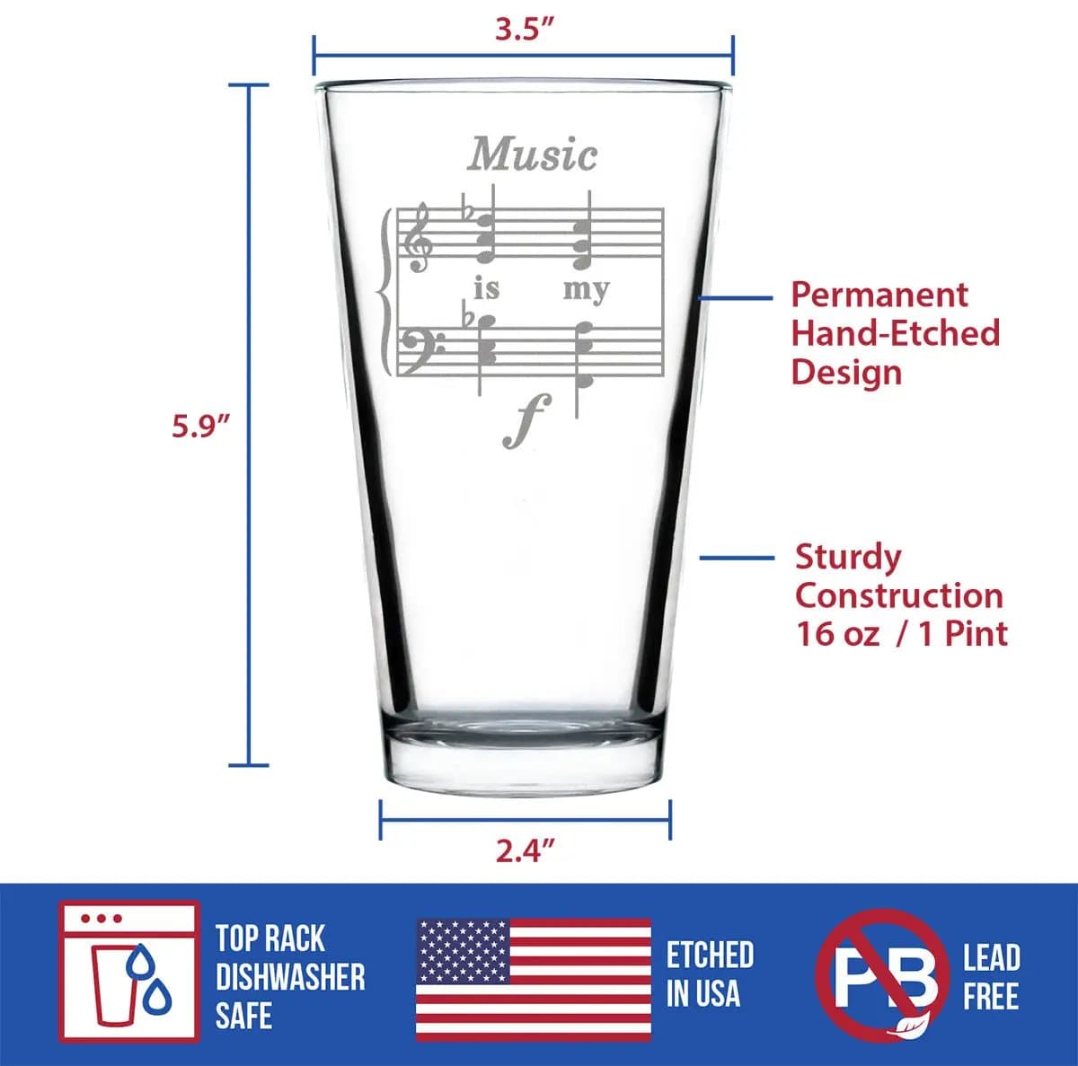 Etched Pint Glass | 16 oz Beer Glass | Dishwasher Safe | Music Is My Forte