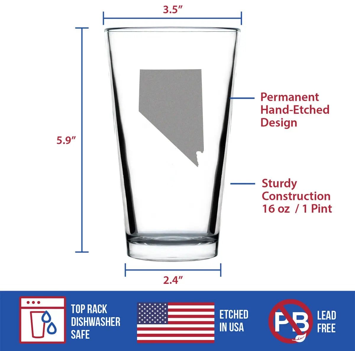 Etched Pint Glass | 16 oz Beer Glass | Dishwasher Safe | Nevada State Outline