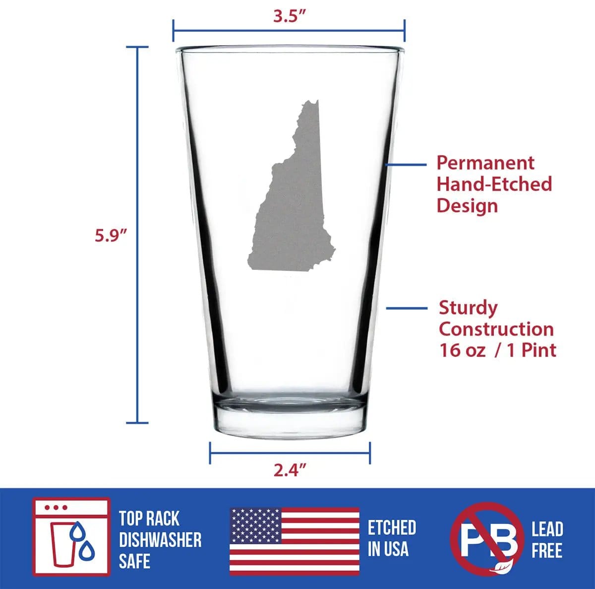 Etched Pint Glass | 16 oz Beer Glass | Dishwasher Safe | New Hampshire State Outline