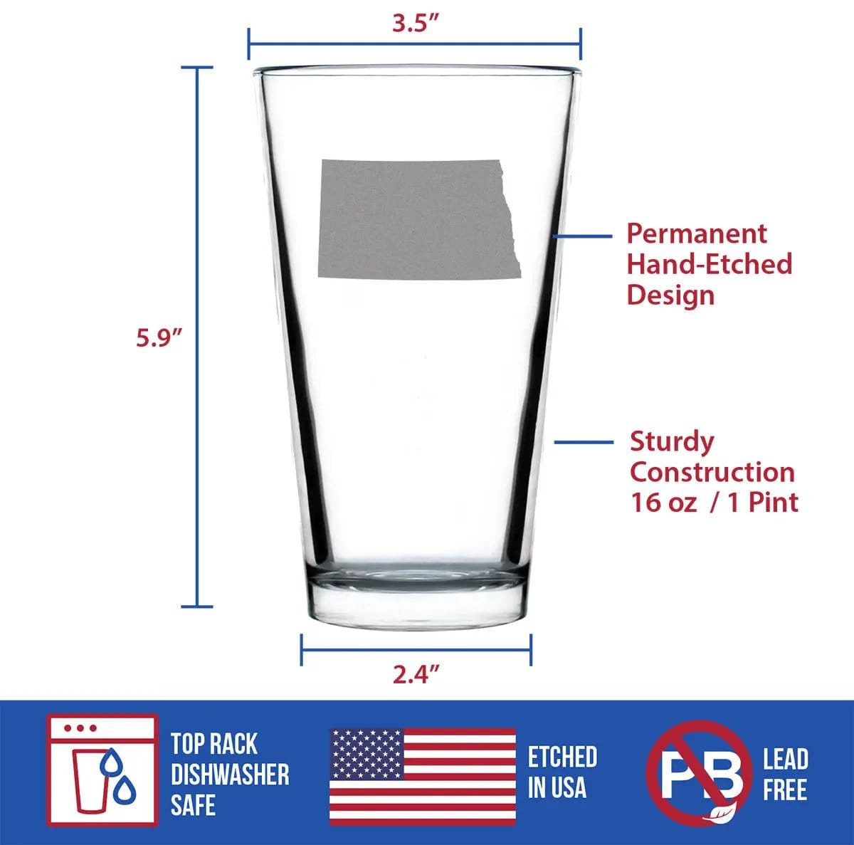 Etched Pint Glass | 16 oz Beer Glass | Dishwasher Safe | North Dakota State Outline