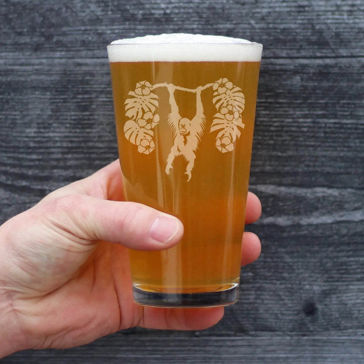 Etched Pint Glass | 16 oz Beer Glass | Dishwasher Safe | Orangutan