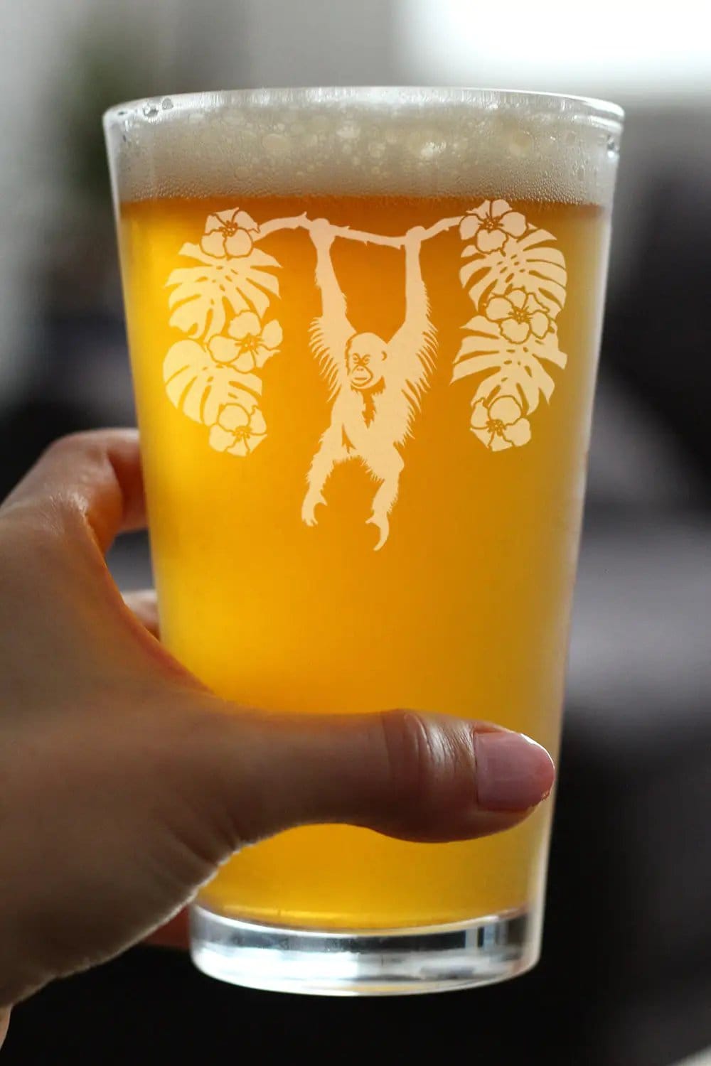 Etched Pint Glass | 16 oz Beer Glass | Dishwasher Safe | Orangutan