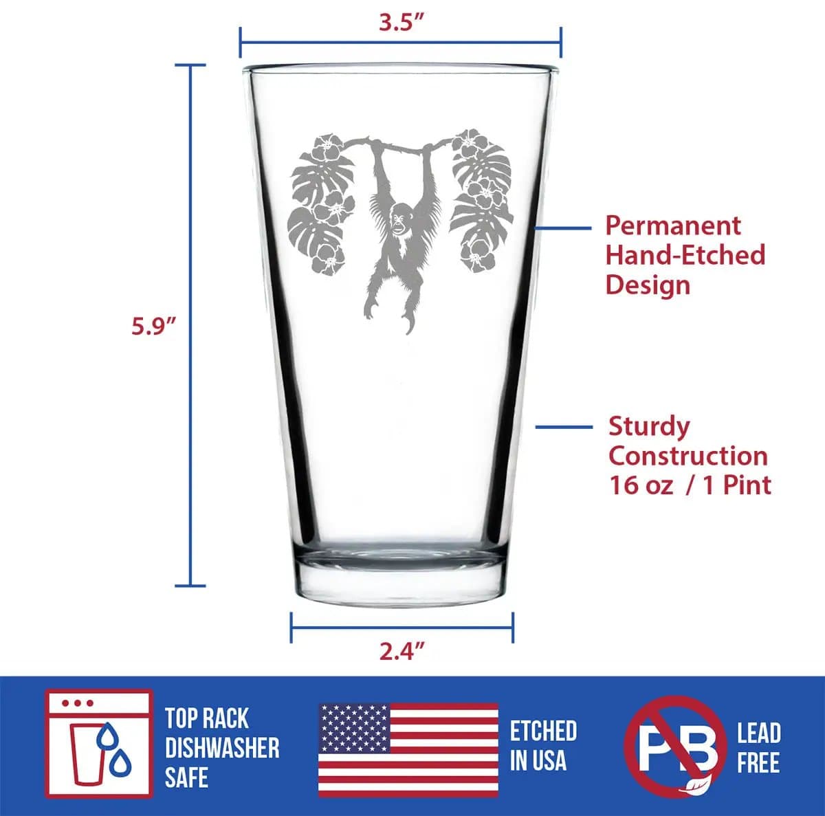 Etched Pint Glass | 16 oz Beer Glass | Dishwasher Safe | Orangutan