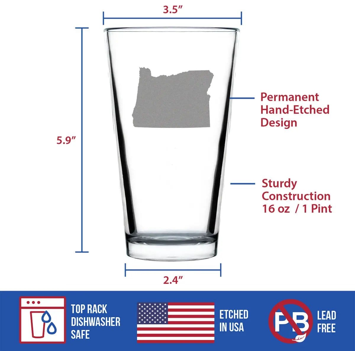 Etched Pint Glass | 16 oz Beer Glass | Dishwasher Safe | Oregon State Outline