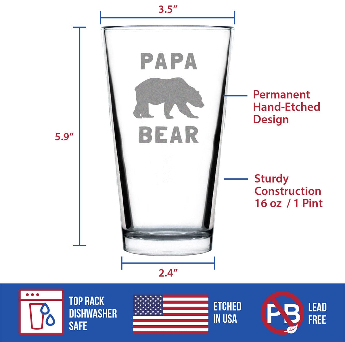 Etched Pint Glass | 16 oz Beer Glass | Dishwasher Safe | Papa Bear