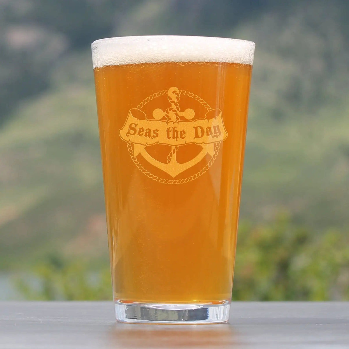 Etched Pint Glass | 16 oz Beer Glass | Dishwasher Safe | Seas the Day