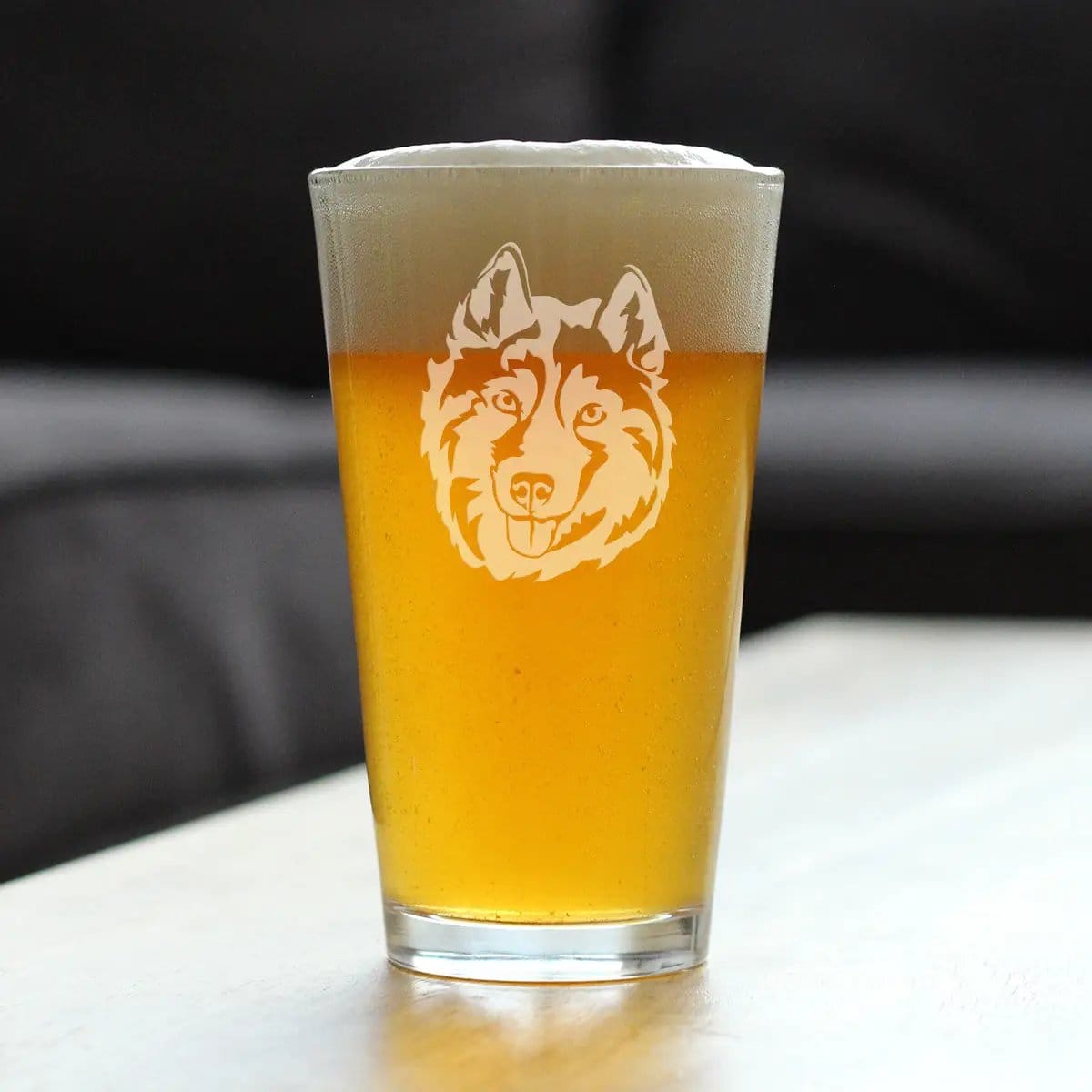 Etched Pint Glass | 16 oz Beer Glass | Dishwasher Safe | Siberian Husky Face