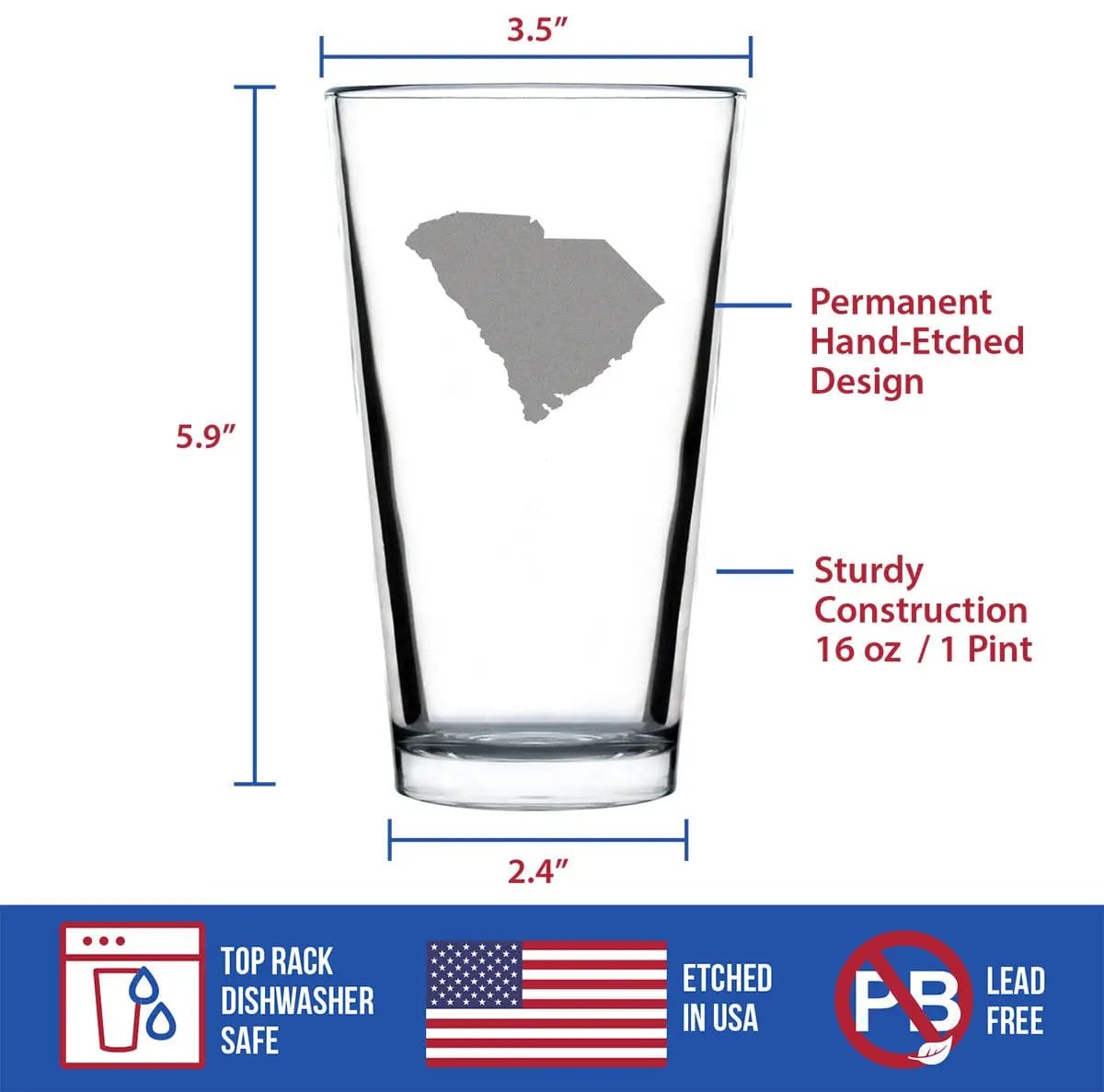 Etched Pint Glass | 16 oz Beer Glass | Dishwasher Safe | South Carolina State Outline