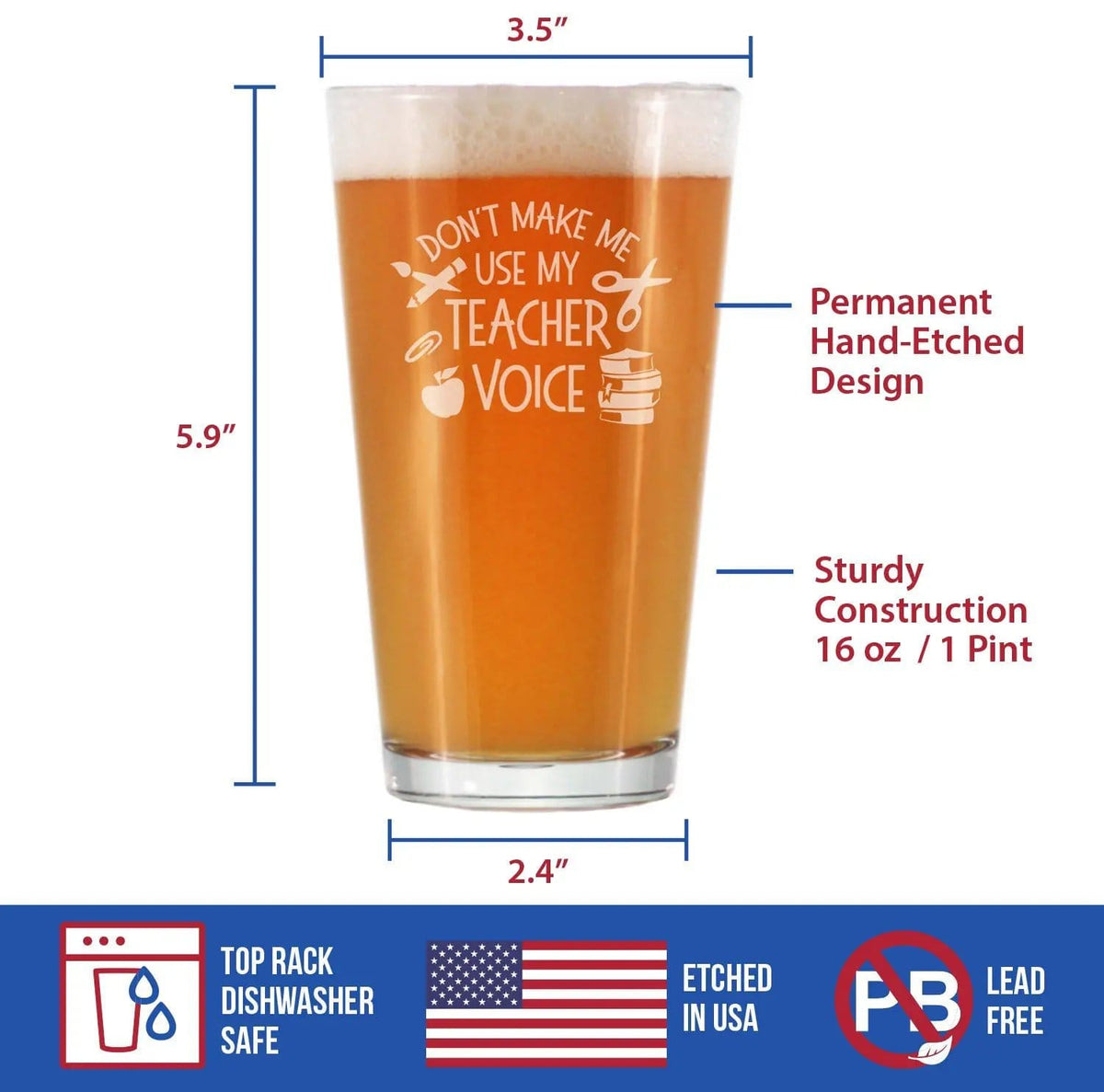 Etched Pint Glass | 16 oz Beer Glass | Dishwasher Safe | Teacher Voice