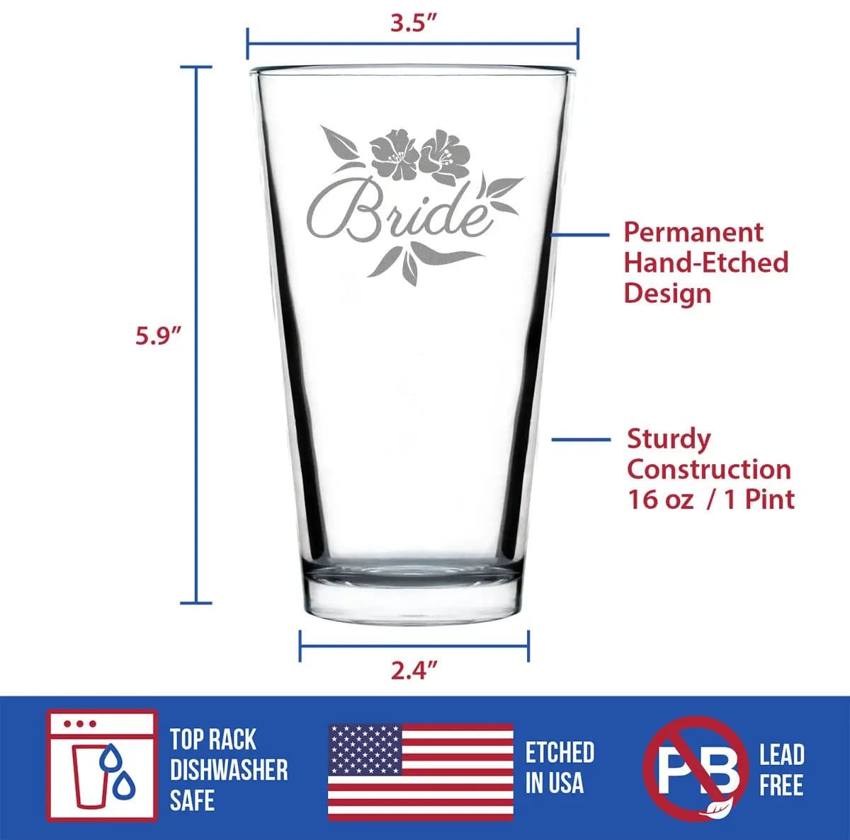 Etched Pint Glass | 16 oz Beer Glass | Dishwasher Safe | Bride