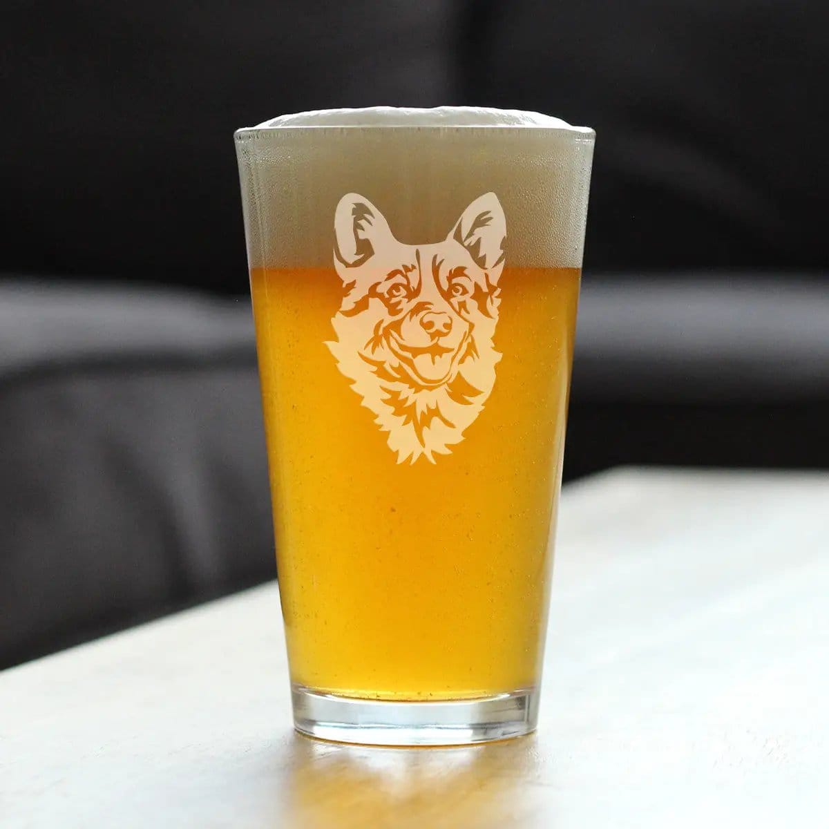 Etched Pint Glass | 16 oz Beer Glass | Dishwasher Safe | Corgi Face