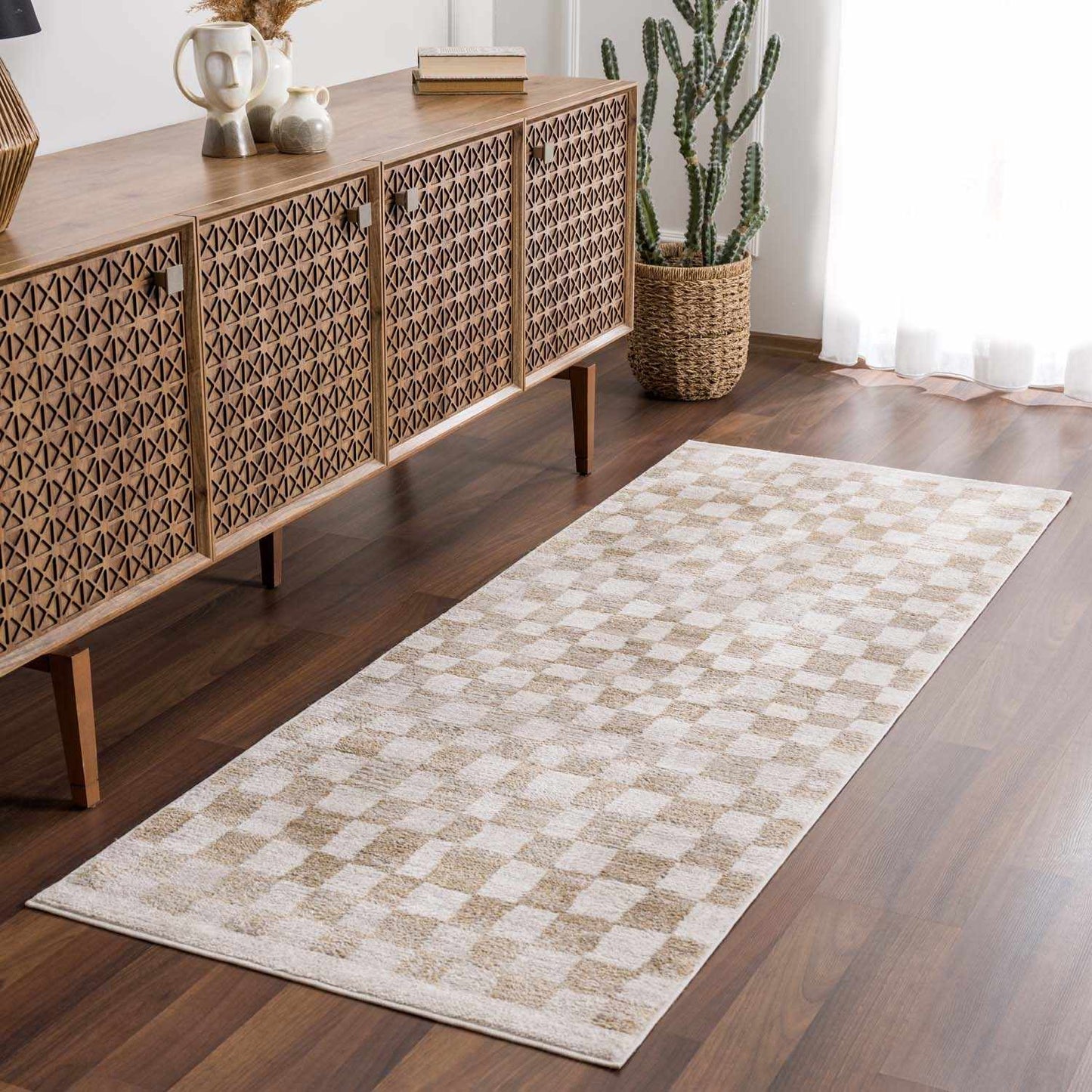 Benjy Cream & Gold Checkered Area Rug from PriceLows™