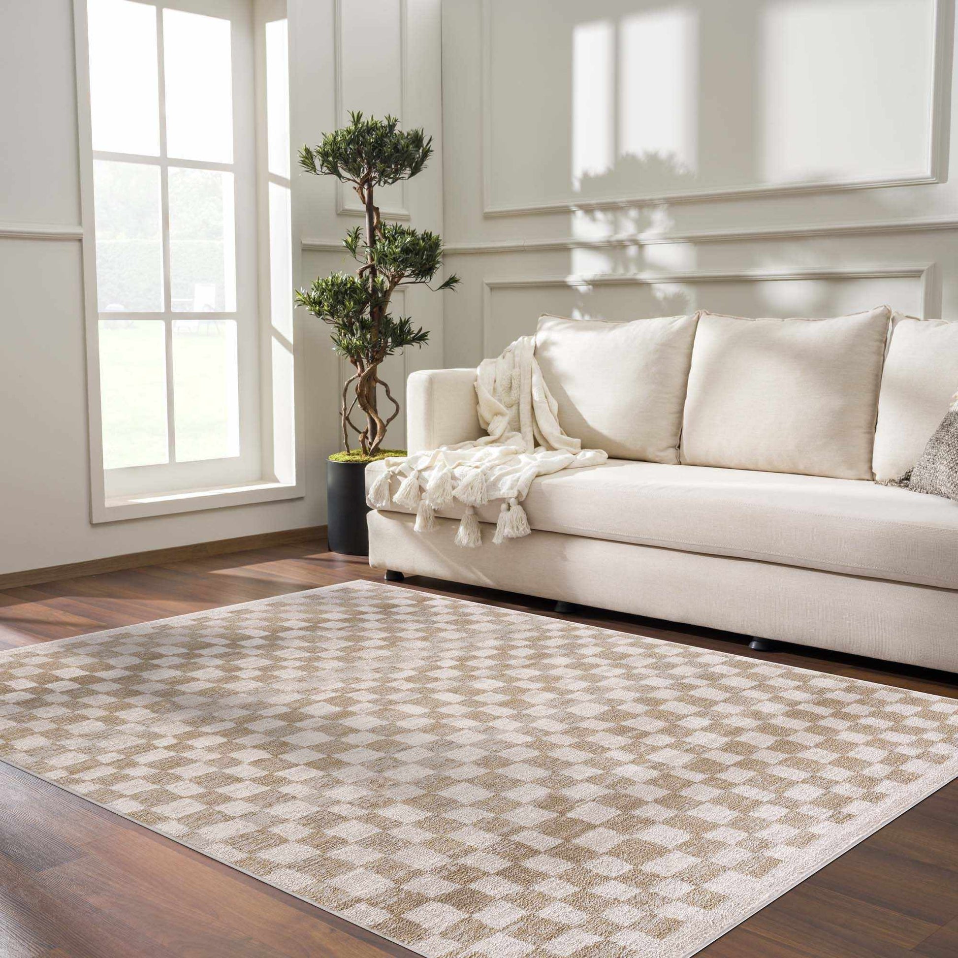 Benjy Cream & Gold Checkered Area Rug from PriceLows™