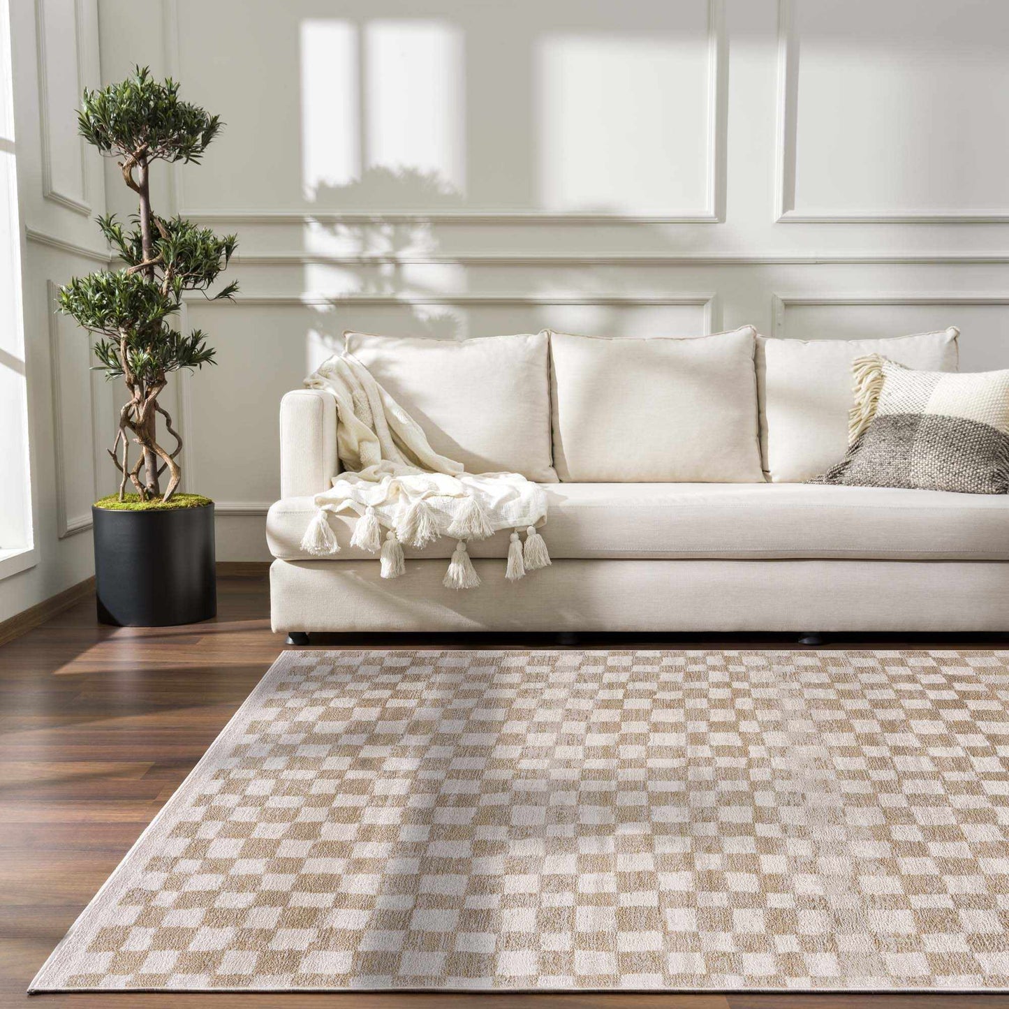Benjy Cream & Gold Checkered Area Rug from PriceLows™