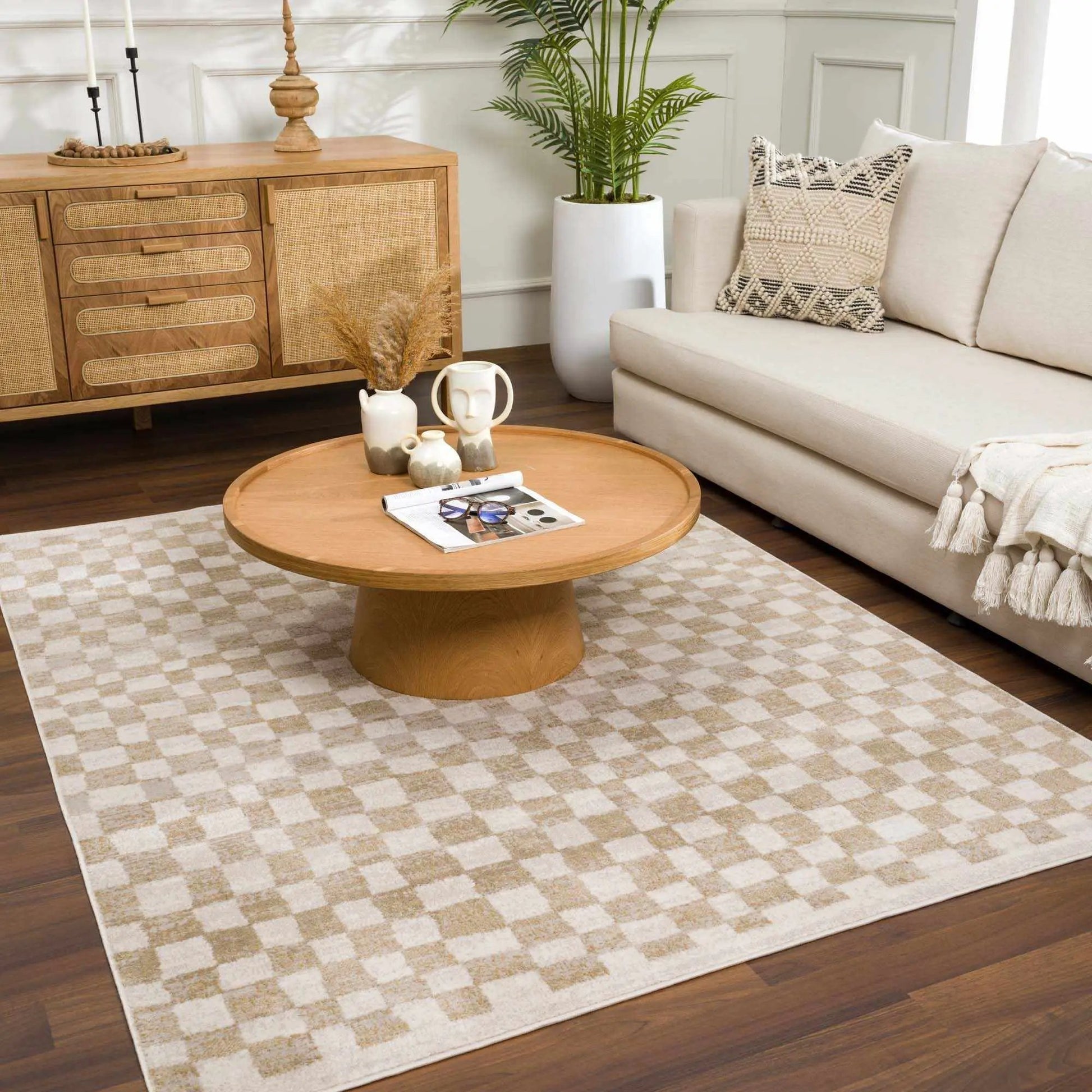 Benjy Cream & Gold Checkered Area Rug from PriceLows™
