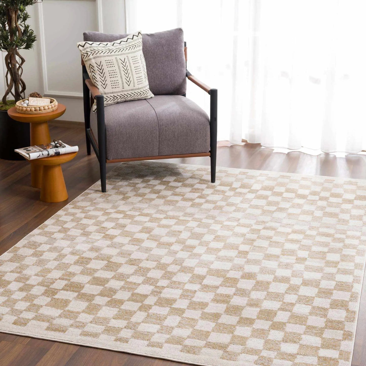 Benjy Cream & Gold Checkered Area Rug from PriceLows™