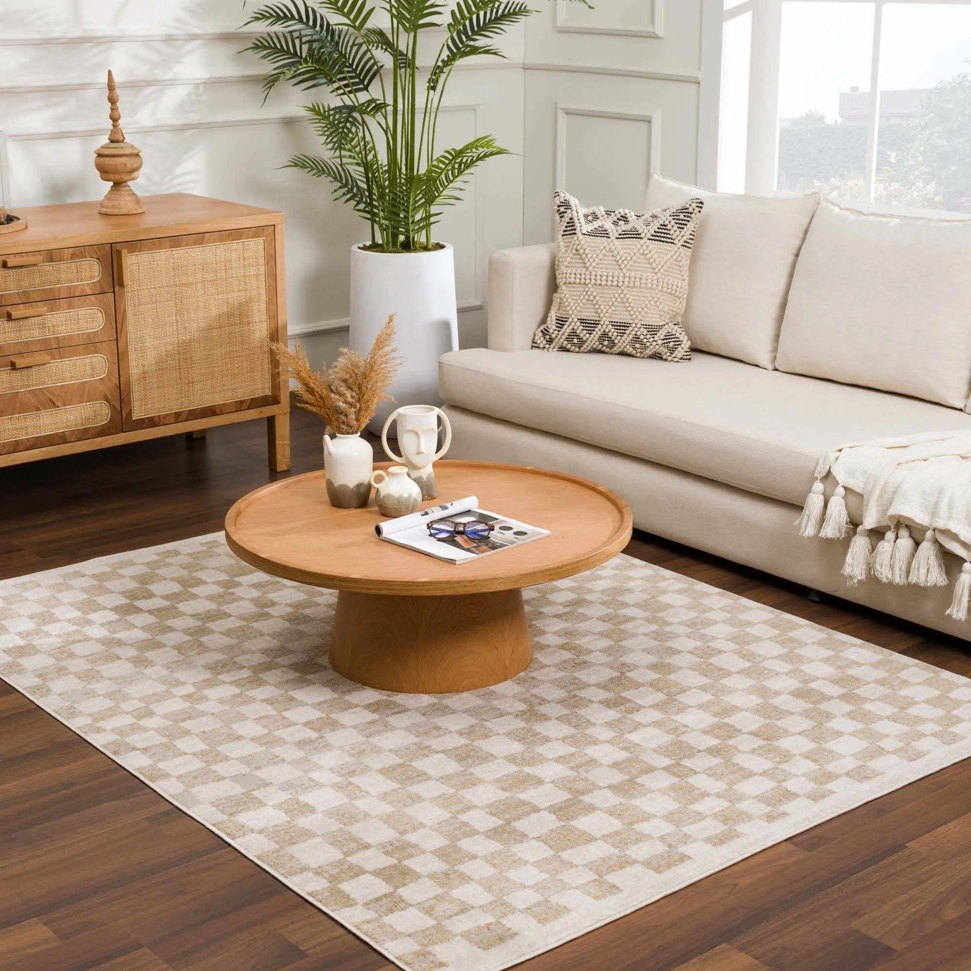 Benjy Cream & Gold Checkered Area Rug from PriceLows™