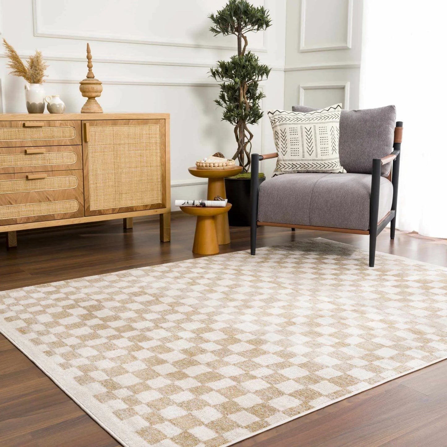 Benjy Cream & Gold Checkered Area Rug from PriceLows™