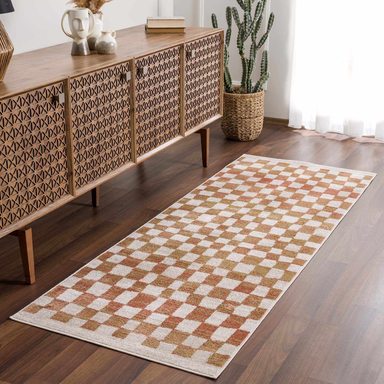 Benjy Cream & Salmon Checkered Area Rug from PriceLows™