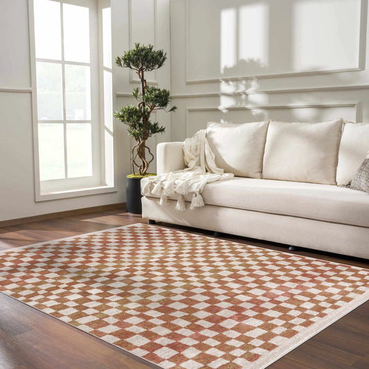 Benjy Cream & Salmon Checkered Area Rug from PriceLows™