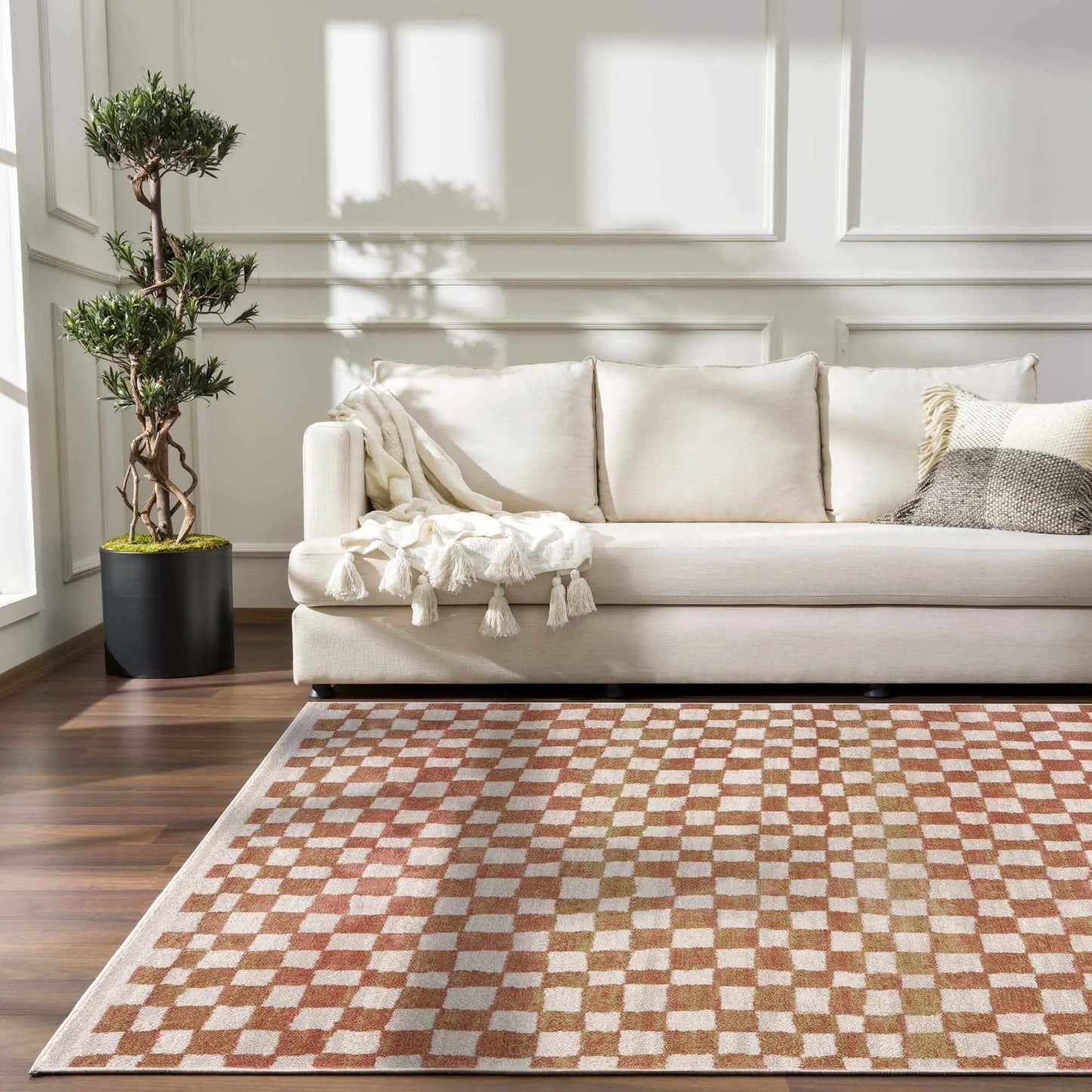 Benjy Cream & Salmon Checkered Area Rug from PriceLows™