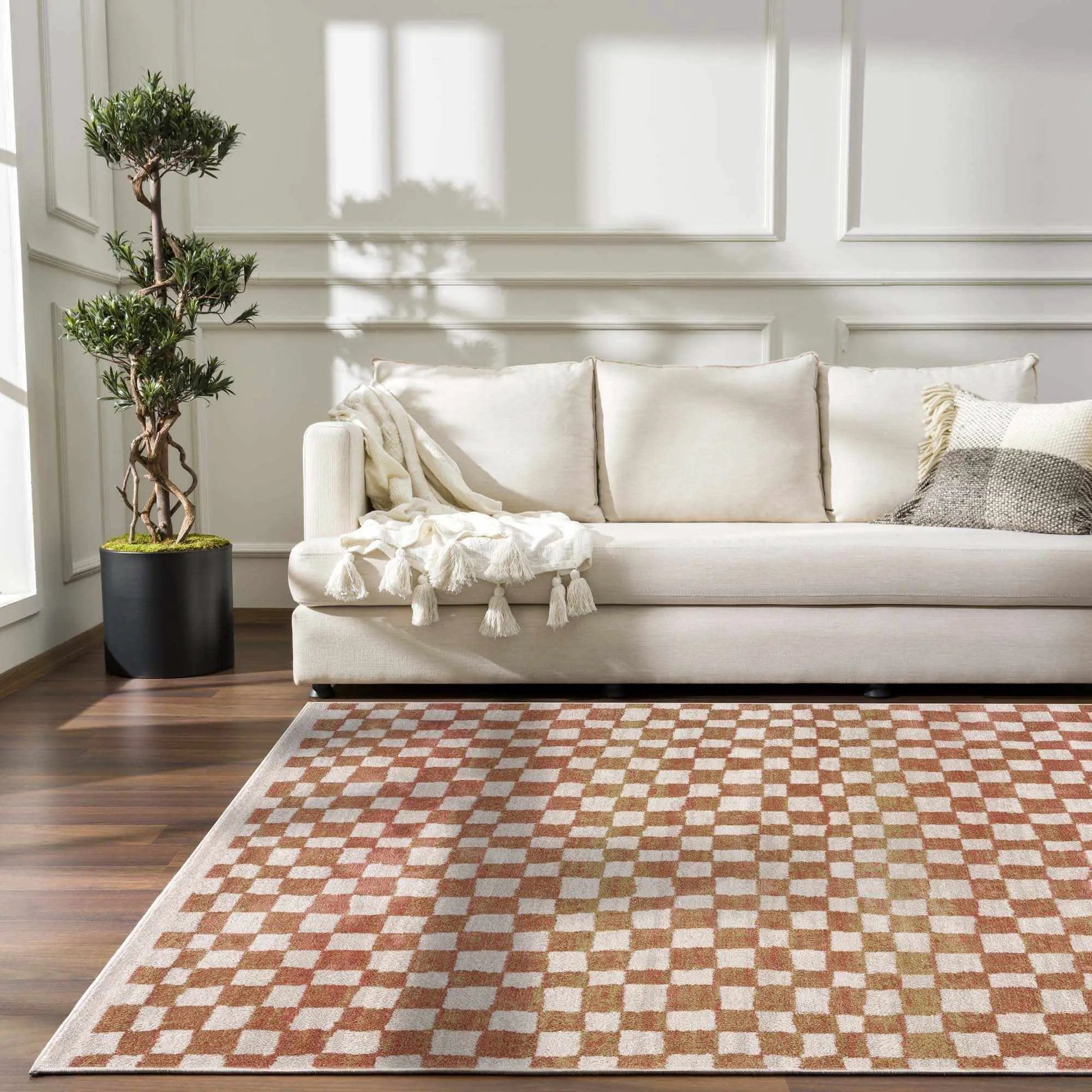 Benjy Cream & Salmon Checkered Area Rug from PriceLows™