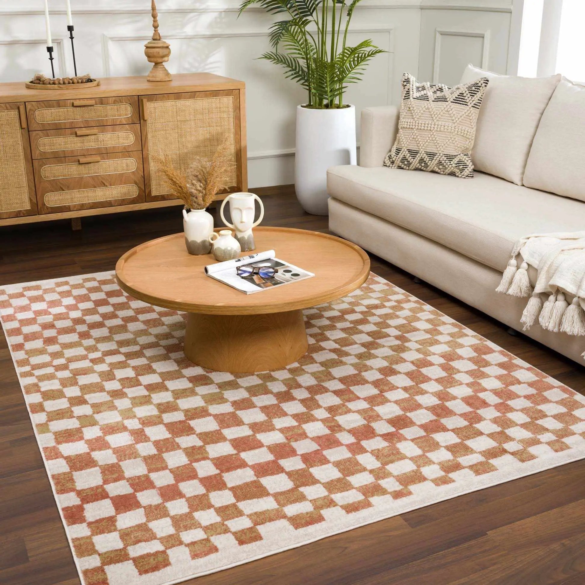 Benjy Cream & Salmon Checkered Area Rug from PriceLows™