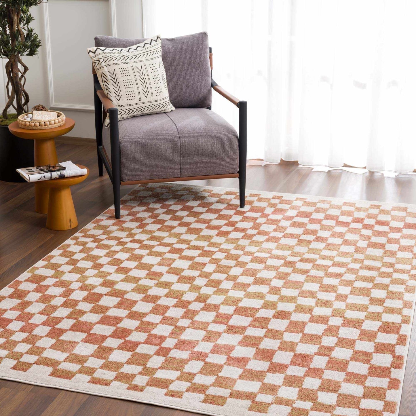 Benjy Cream & Salmon Checkered Area Rug from PriceLows™