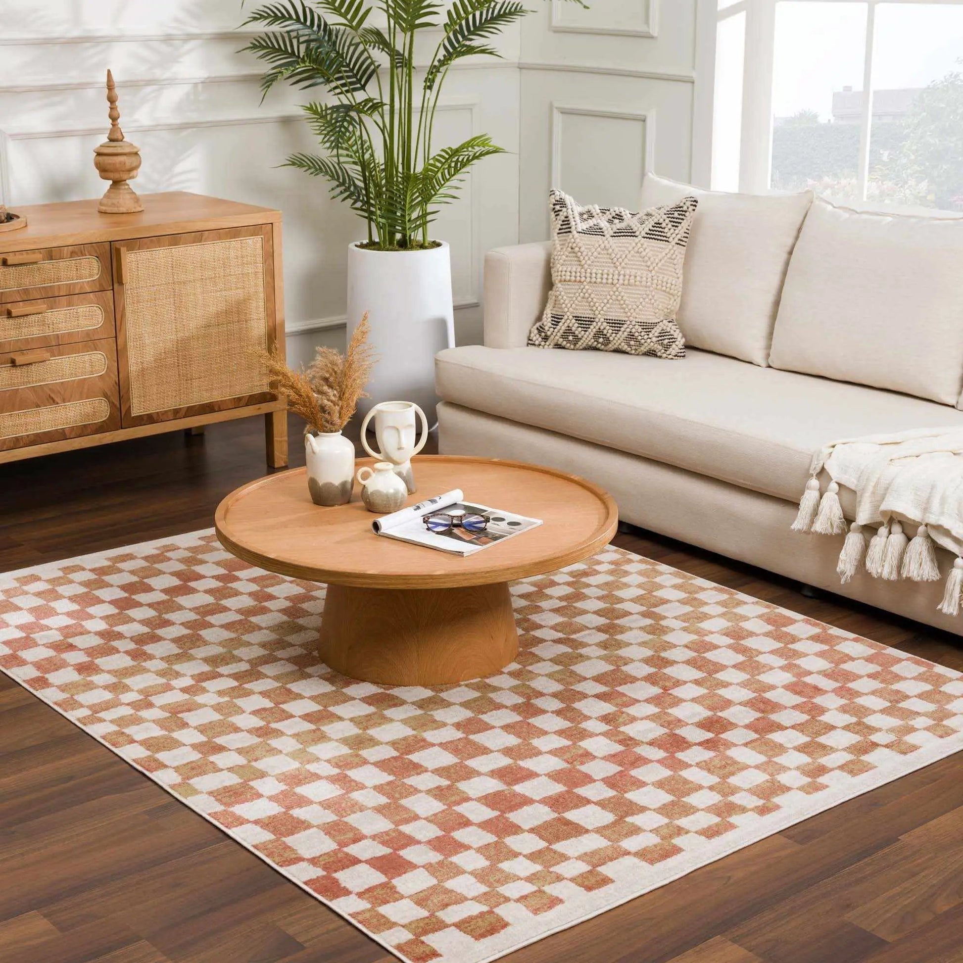 Benjy Cream & Salmon Checkered Area Rug from PriceLows™