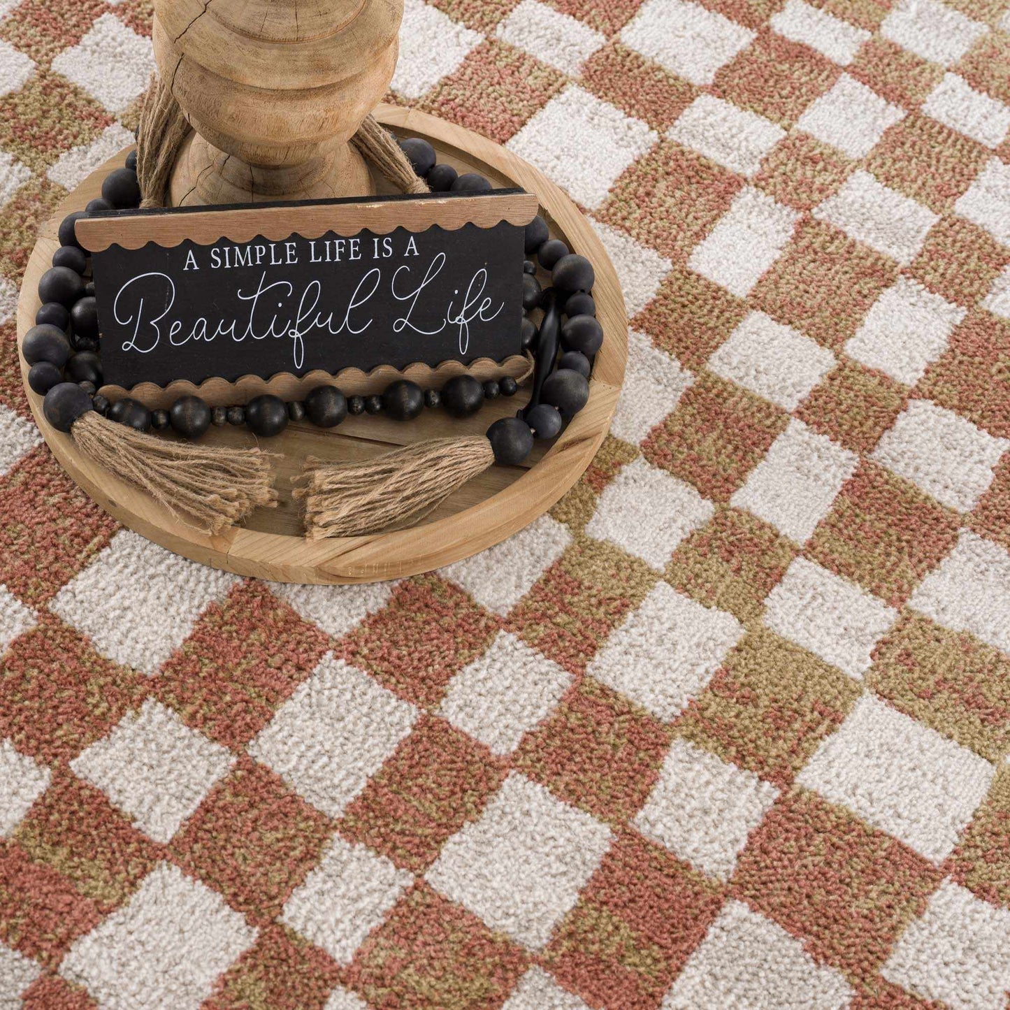 Benjy Cream & Salmon Checkered Area Rug from PriceLows™
